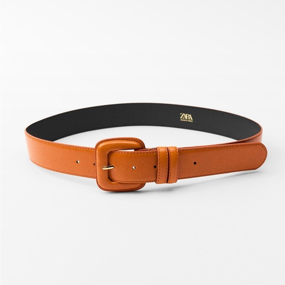 NWT. Zara Orange Leather Belt with Square Buckle. Size 30.